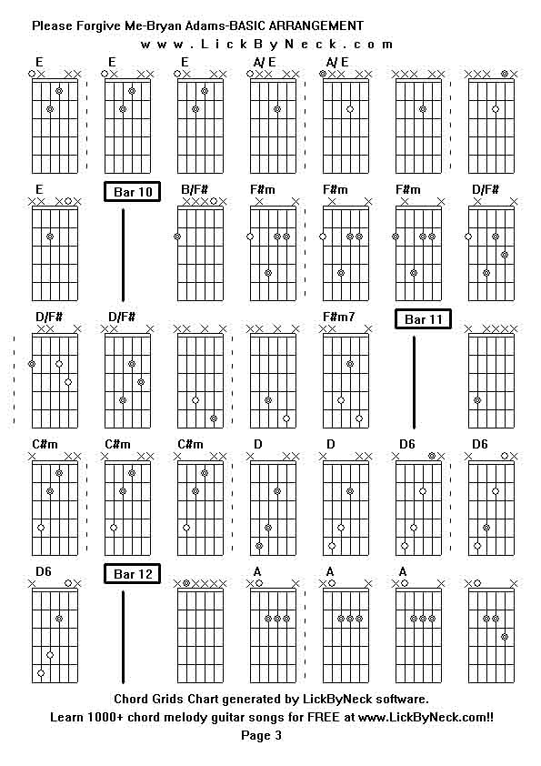 Chord Grids Chart of chord melody fingerstyle guitar song-Please Forgive Me-Bryan Adams-BASIC ARRANGEMENT,generated by LickByNeck software.